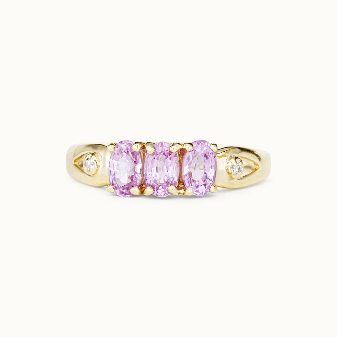 Vintage 9K Roze Toermalijn & Diamant Trilogy Ring