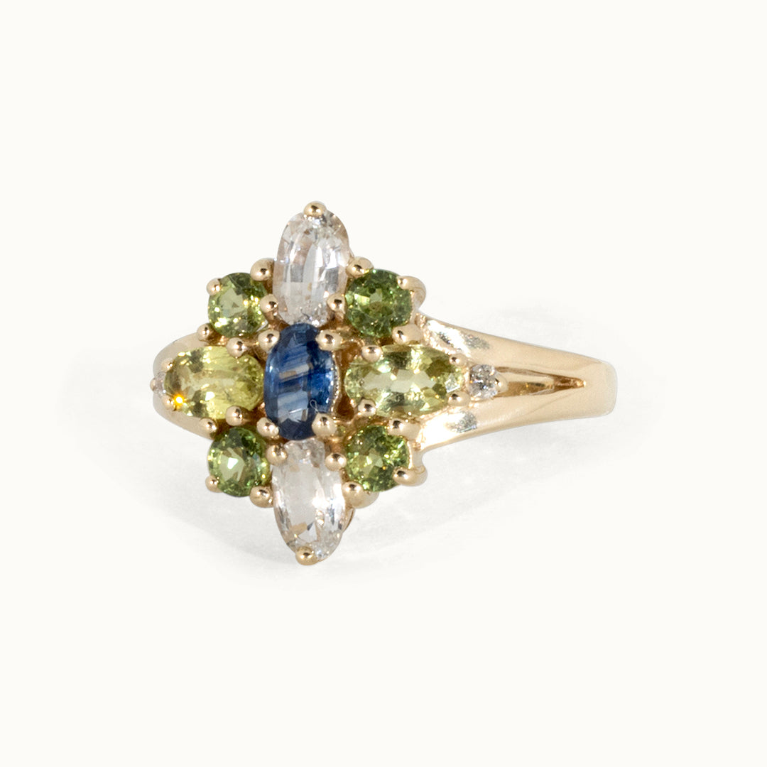 Vintage 9K Geel Diamant, Topaas, Citrien, Peridoot Ring