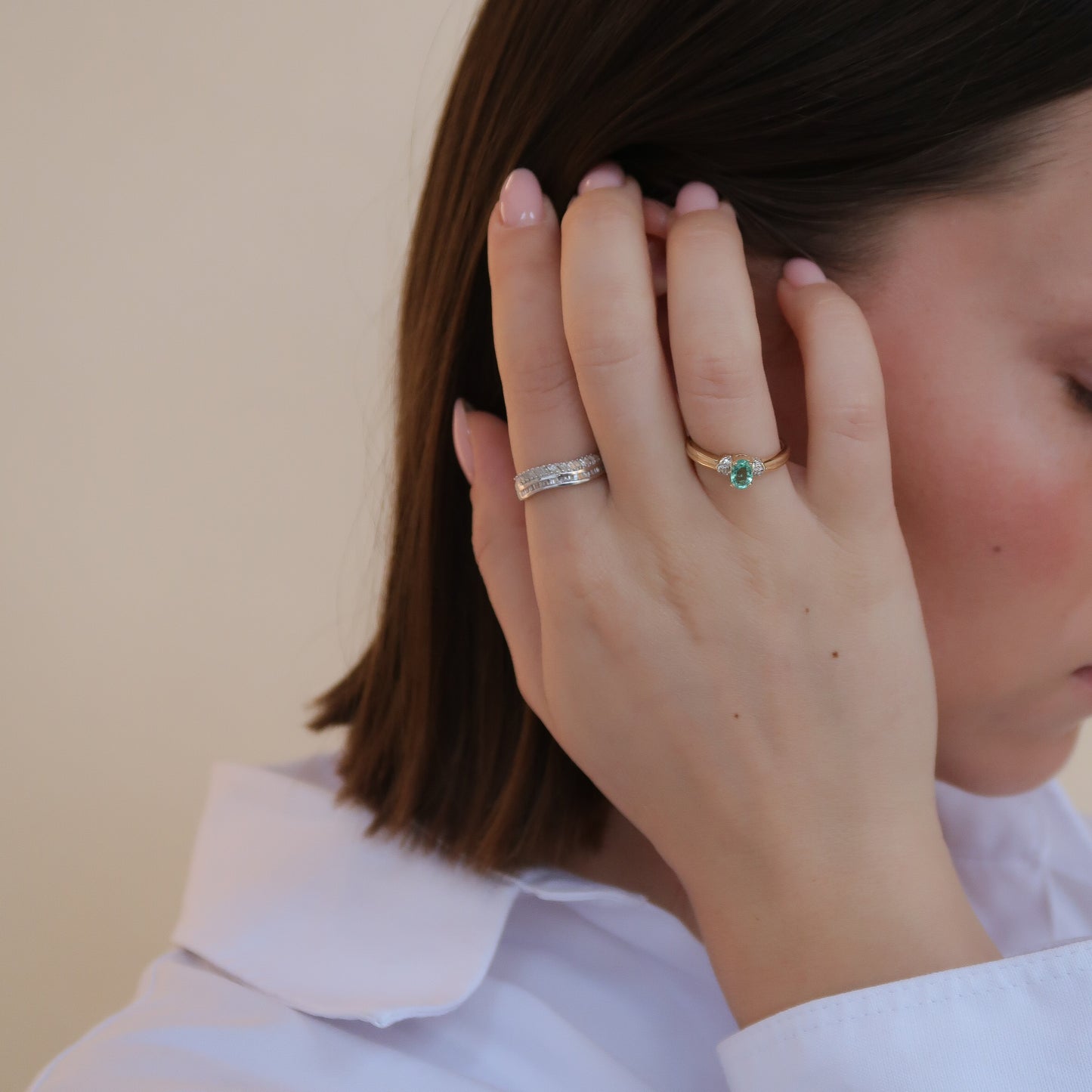 Vintage 9K Geel Smaragd & Diamant Ring