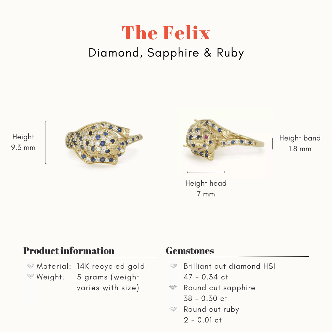 The Felix | 14K Luipaard Diamant, Saffier & Robijn ogen