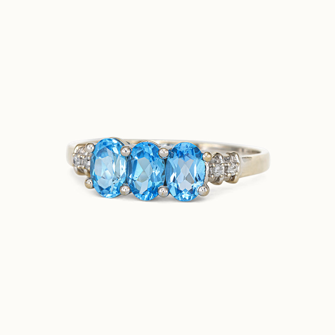 Vintage 9K Wit Goud Blauwe Topaas & Diamant Ring