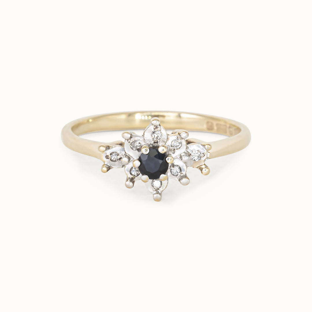 Vintage 9K Diamant & saffier ring