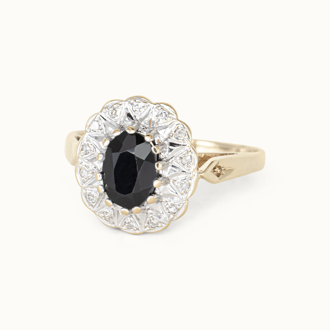 Vintage 9K Saffier & diamant ring