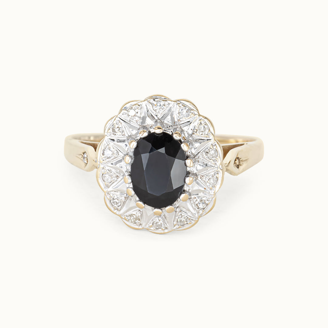 Vintage 9K Saffier & diamant ring