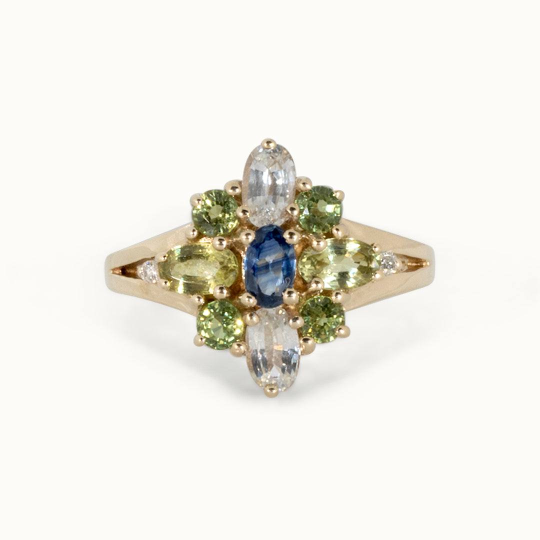 Vintage 9K Geel Diamant, Topaas, Citrien, Peridoot Ring