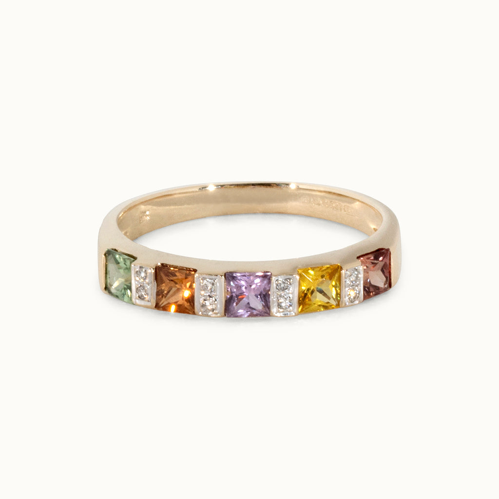 Vintage 9K Diamant & Multi Edelsteen Rij Ring