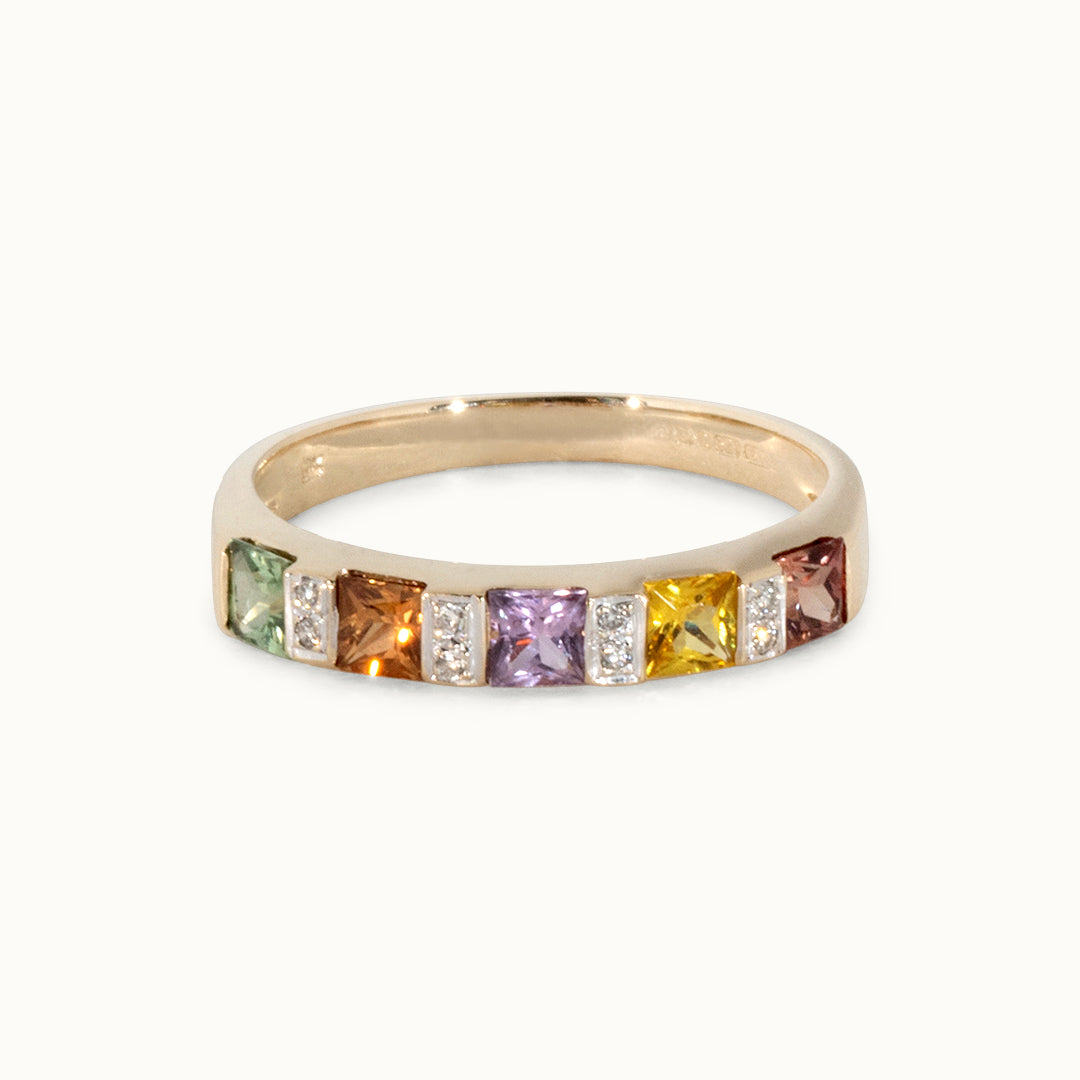 Vintage 9K Diamant & Multi Edelsteen Rij Ring