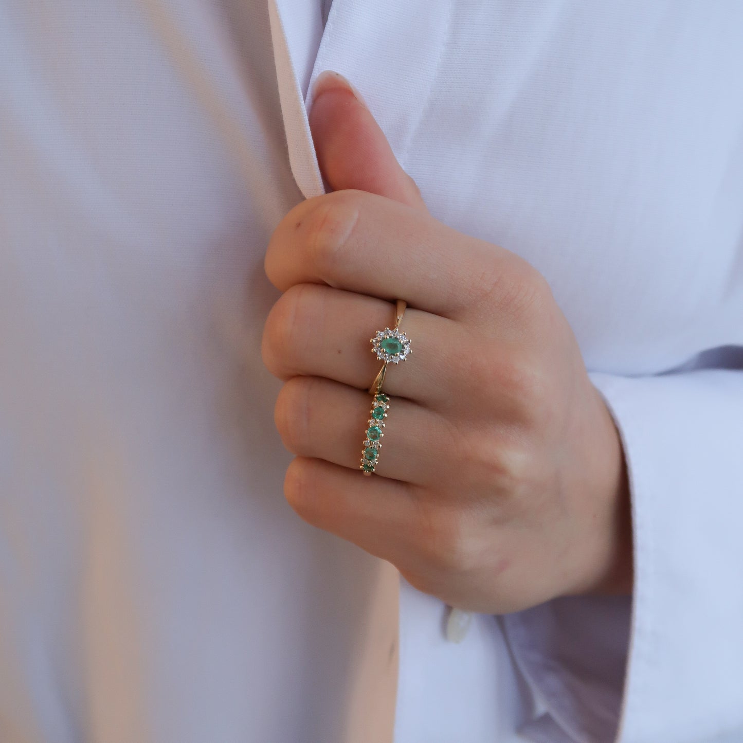 Vintage 9K Geel Smaragd & Diamant Rij Ring