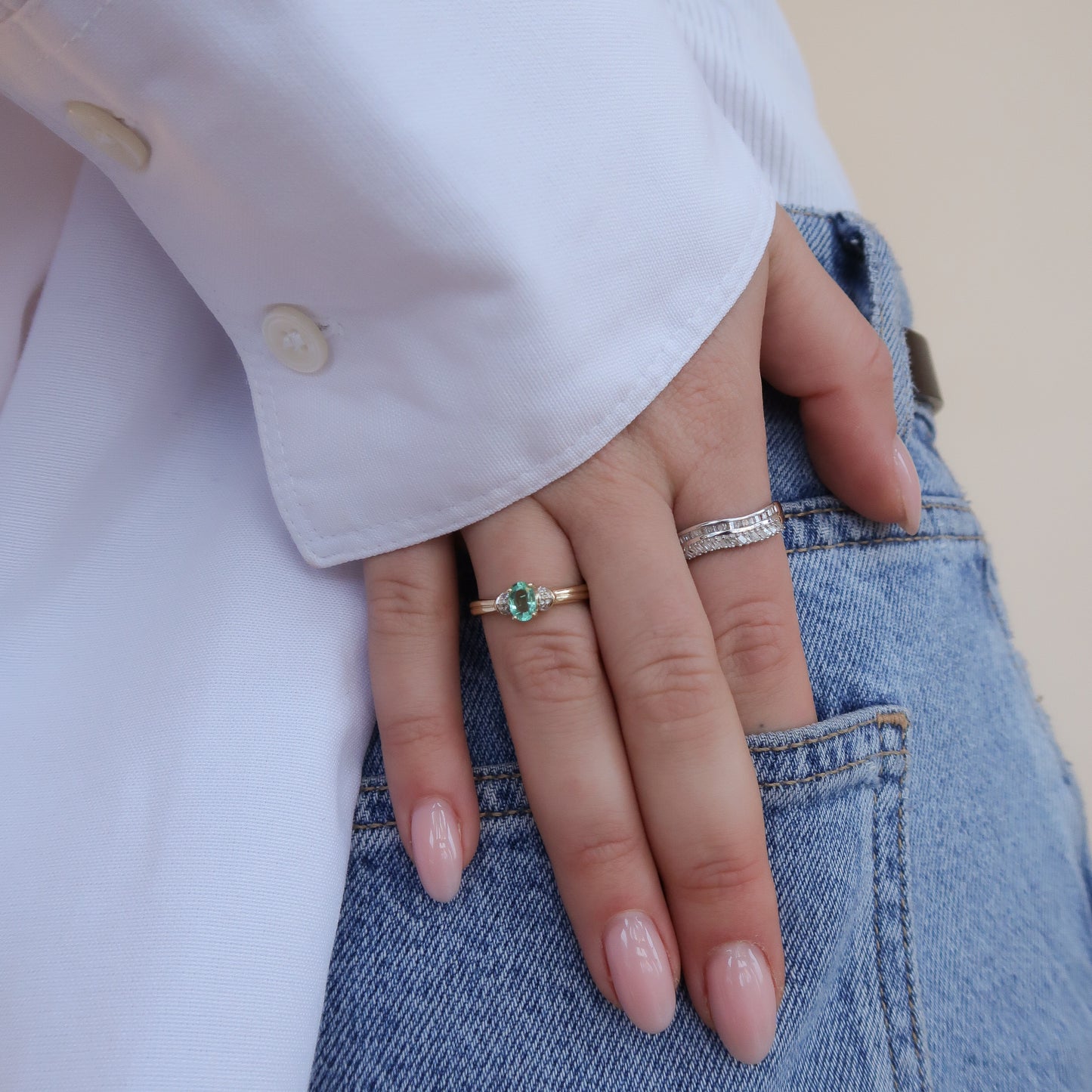 Vintage 9K Geel Smaragd & Diamant Ring