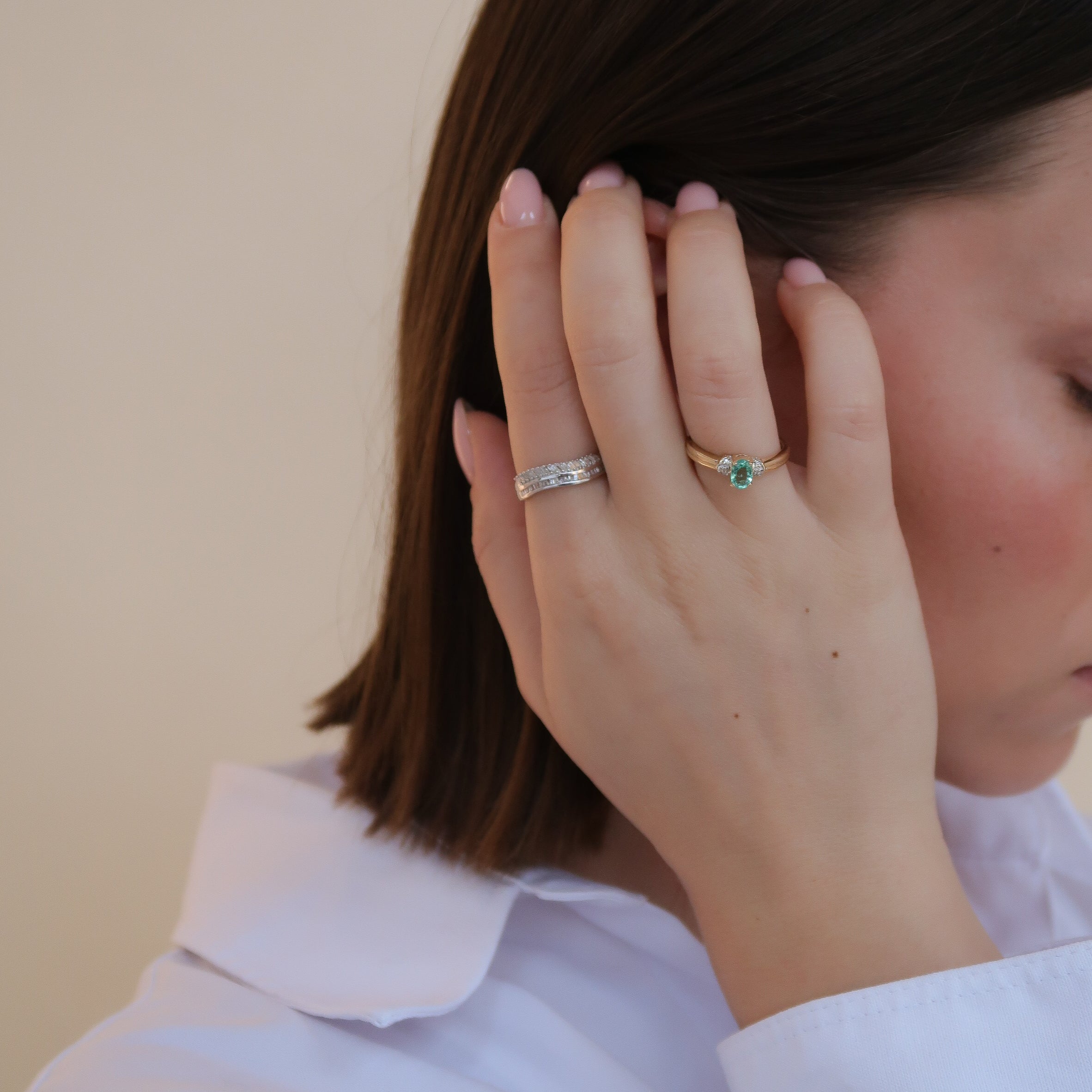 Vintage 9K Geel Smaragd & Diamant Ring