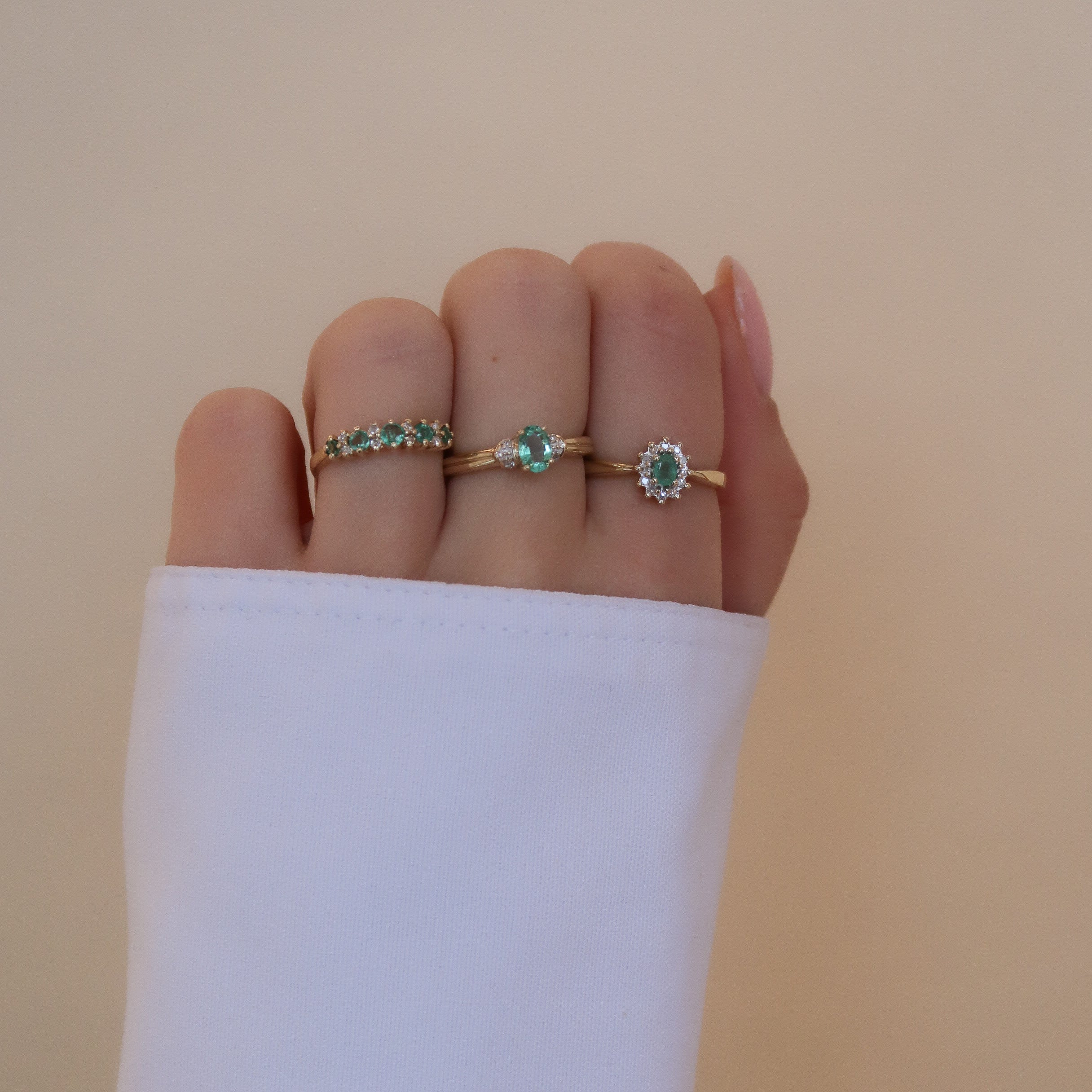 Vintage 9K Geel Smaragd & Diamant Cluster Ring