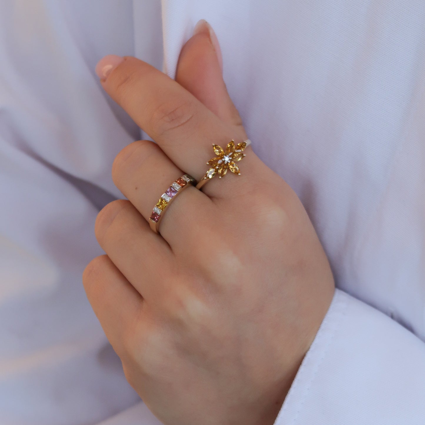 Vintage 9K Geel Citrien Bloem Ring