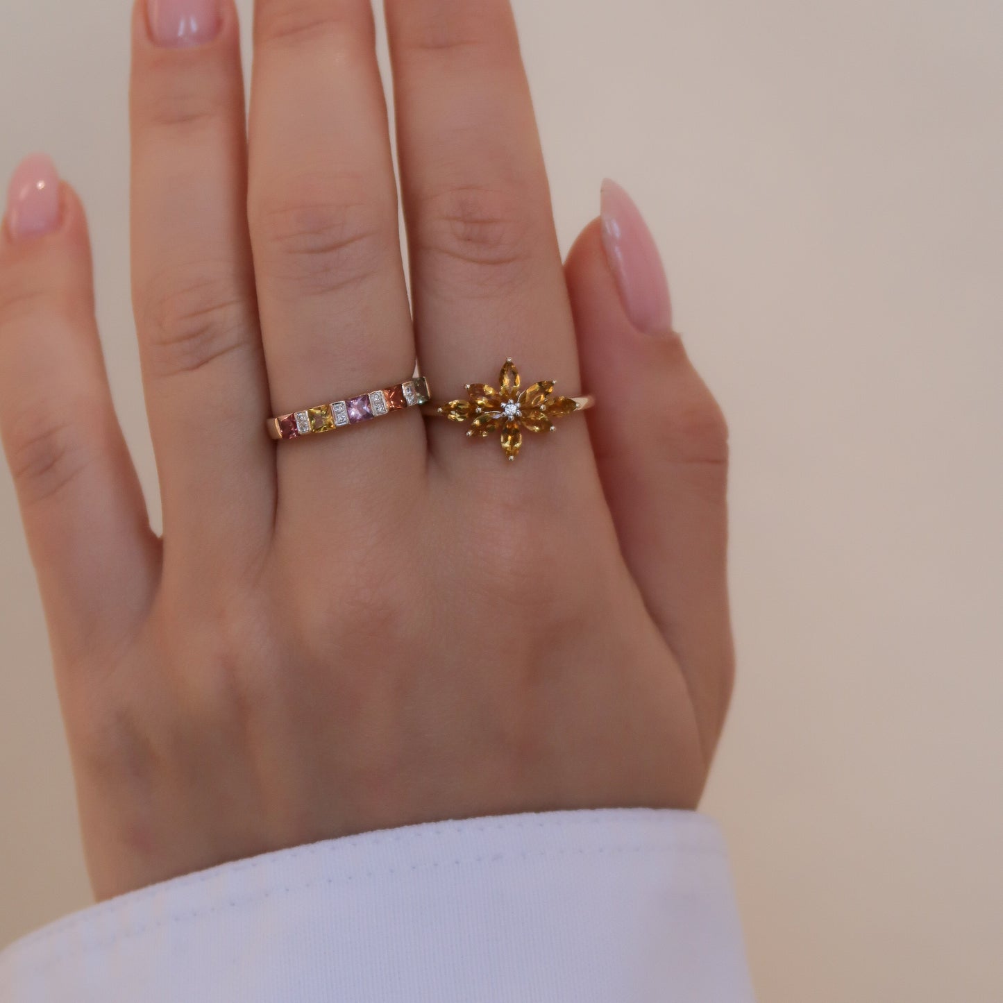 Vintage 9K Geel Citrien Bloem Ring