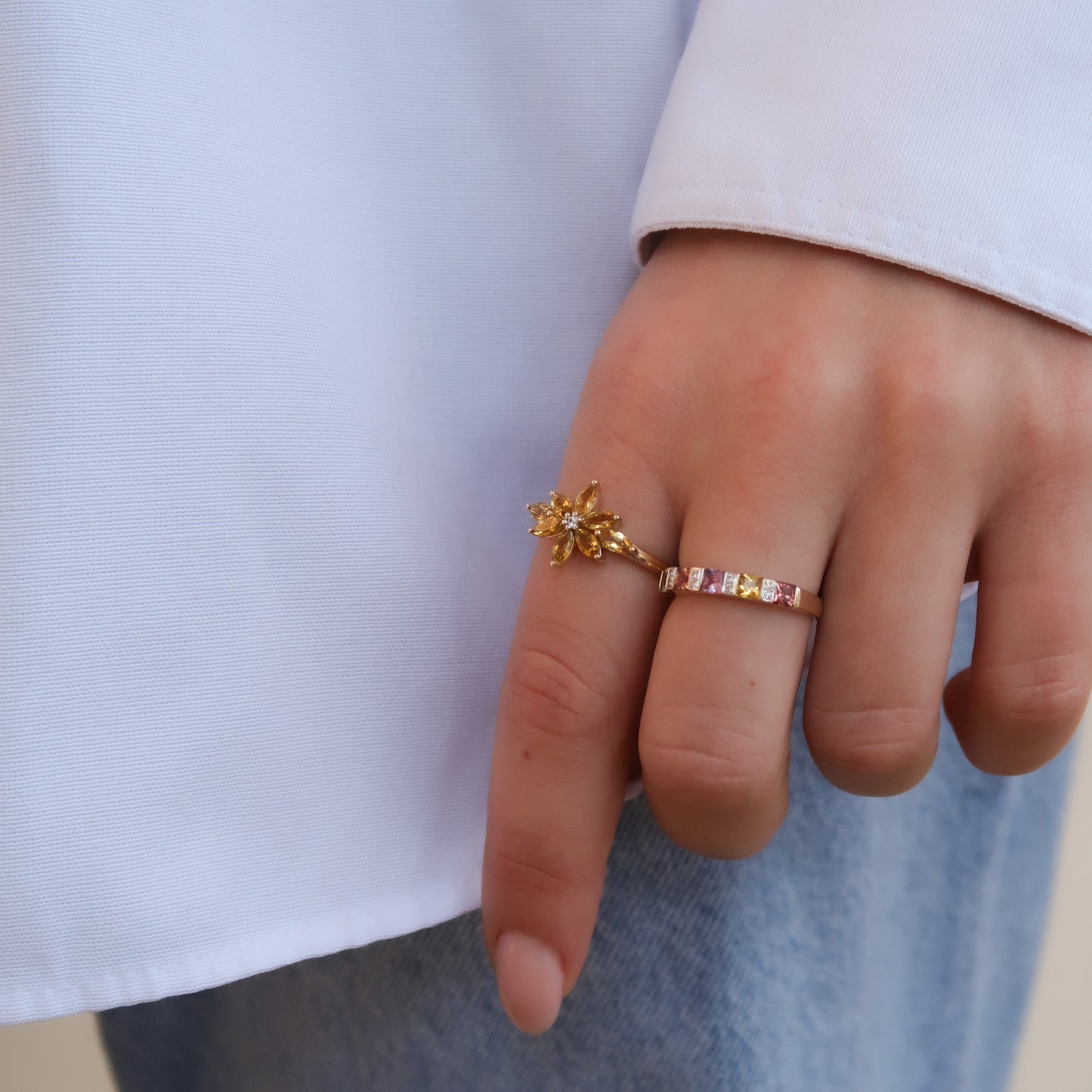 Vintage 9K Geel Citrien Bloem Ring