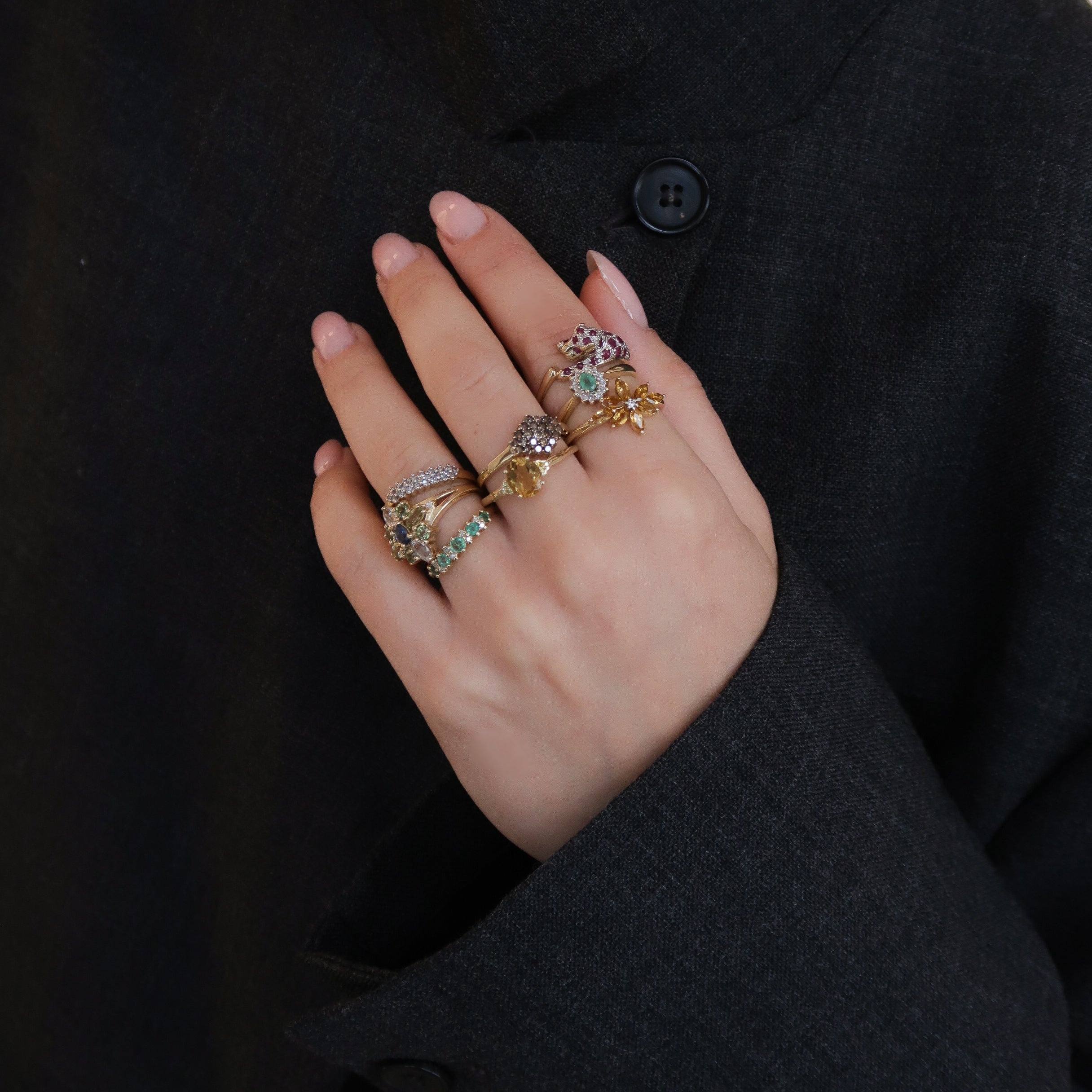 Vintage 9K Geel Smaragd & Diamant Cluster Ring