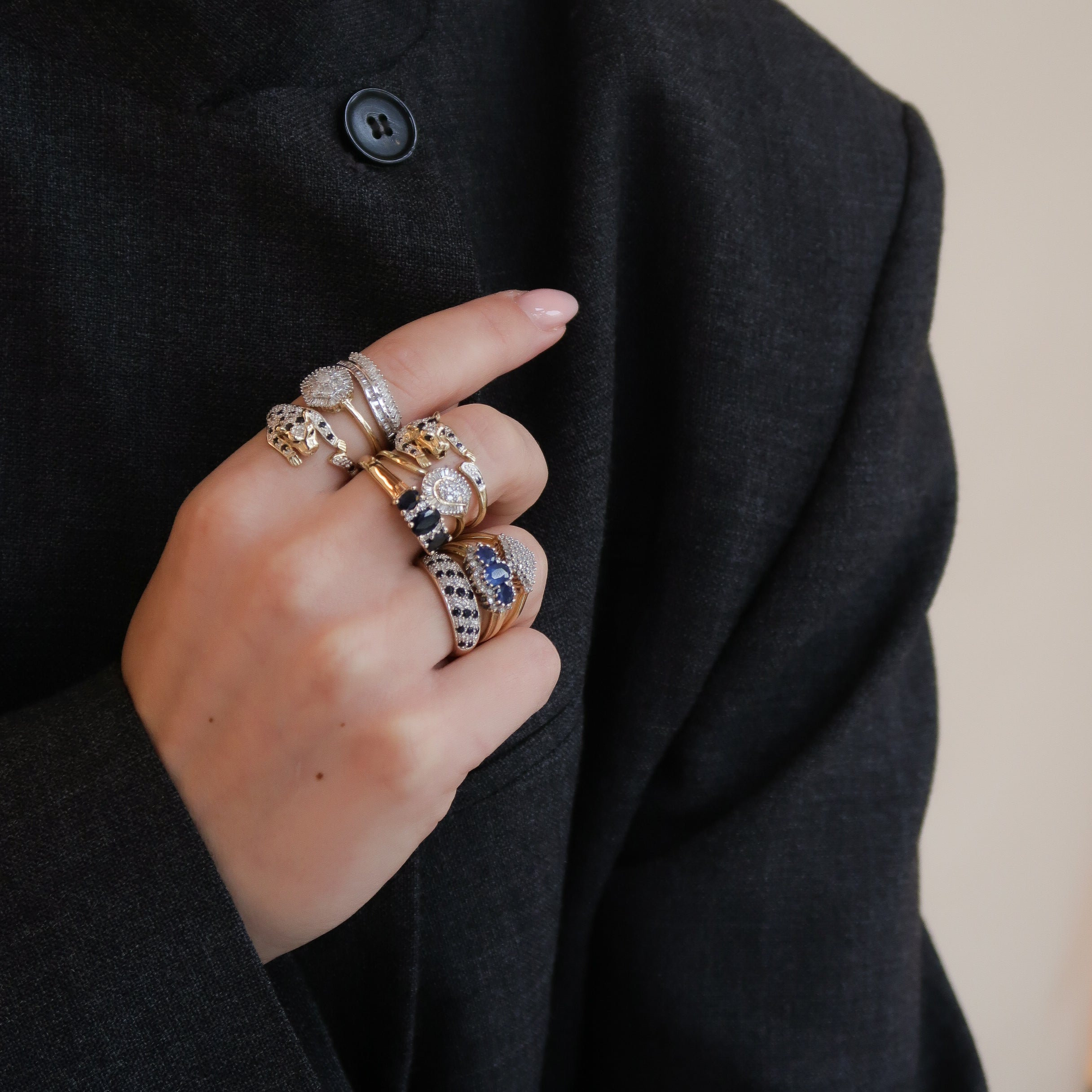 Vintage 9K Panter Diamant & Saffier Ring