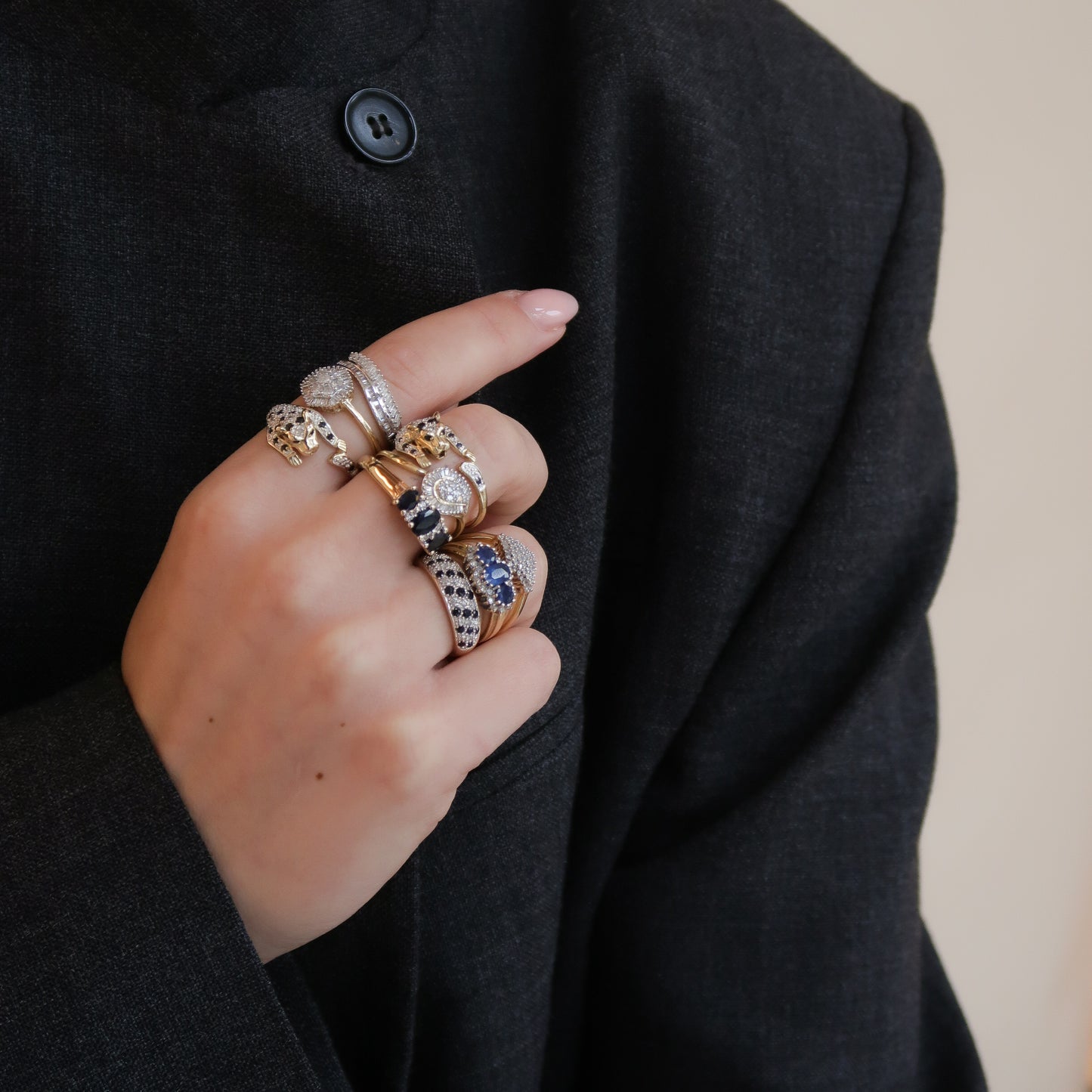 Vintage 9K Panter Diamant & Saffier Ring